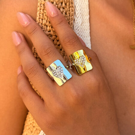 Minimalist Daily Heart Stainless Steel Waterproof Gold Color Rhinestone Statement Rings 2