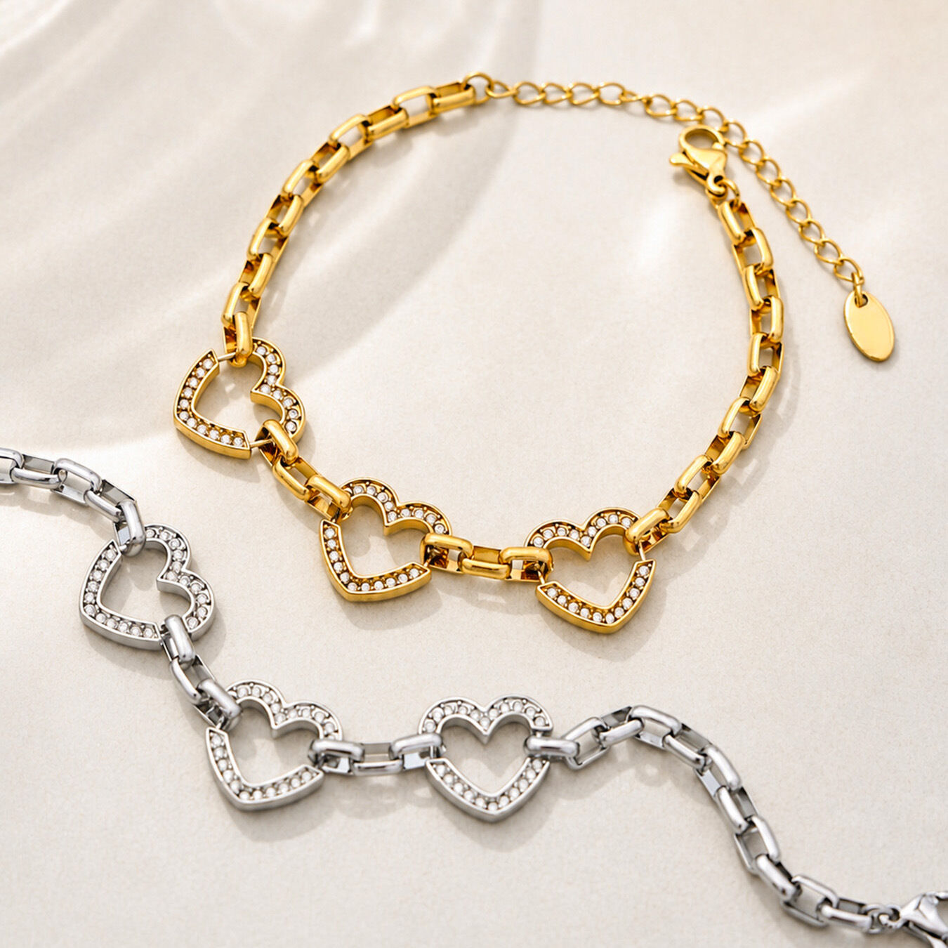 Pulseras de cadena para mujer de acero inoxidable con circonitas, diseño romántico de corazón y patchwork, resistentes al agua. Imagen2