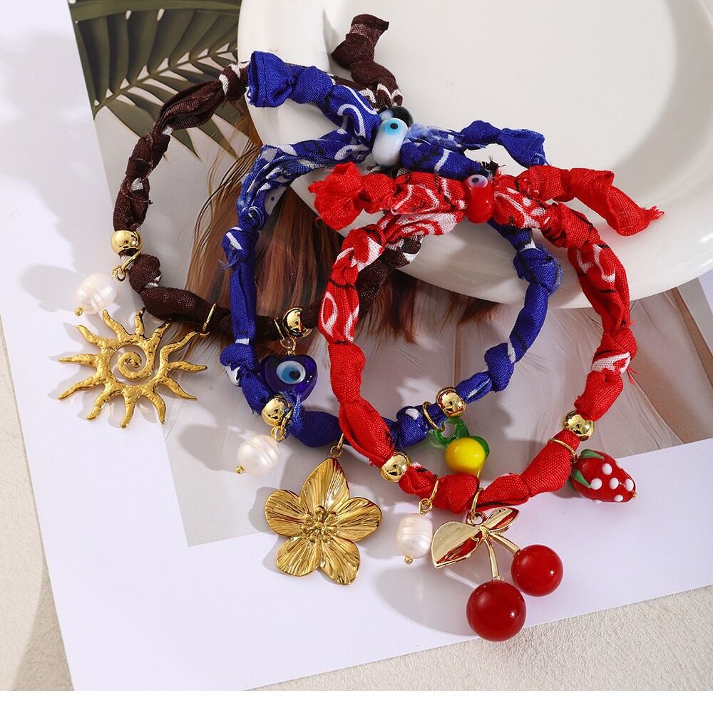 Bracelets tressés pour femmes, motif floral ethnique, soleil et cerise, couleur or Image2