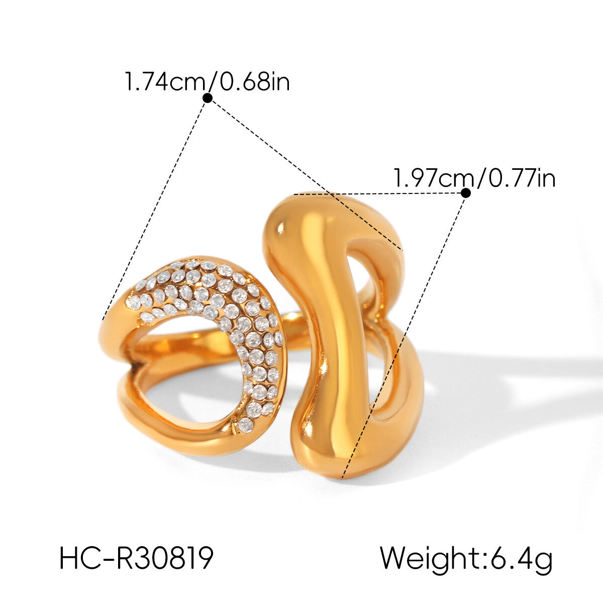 Bagues pour femmes en acier inoxydable doré, étanches, avec zircon et lignes ajourées simples au quotidien. h5 Image2