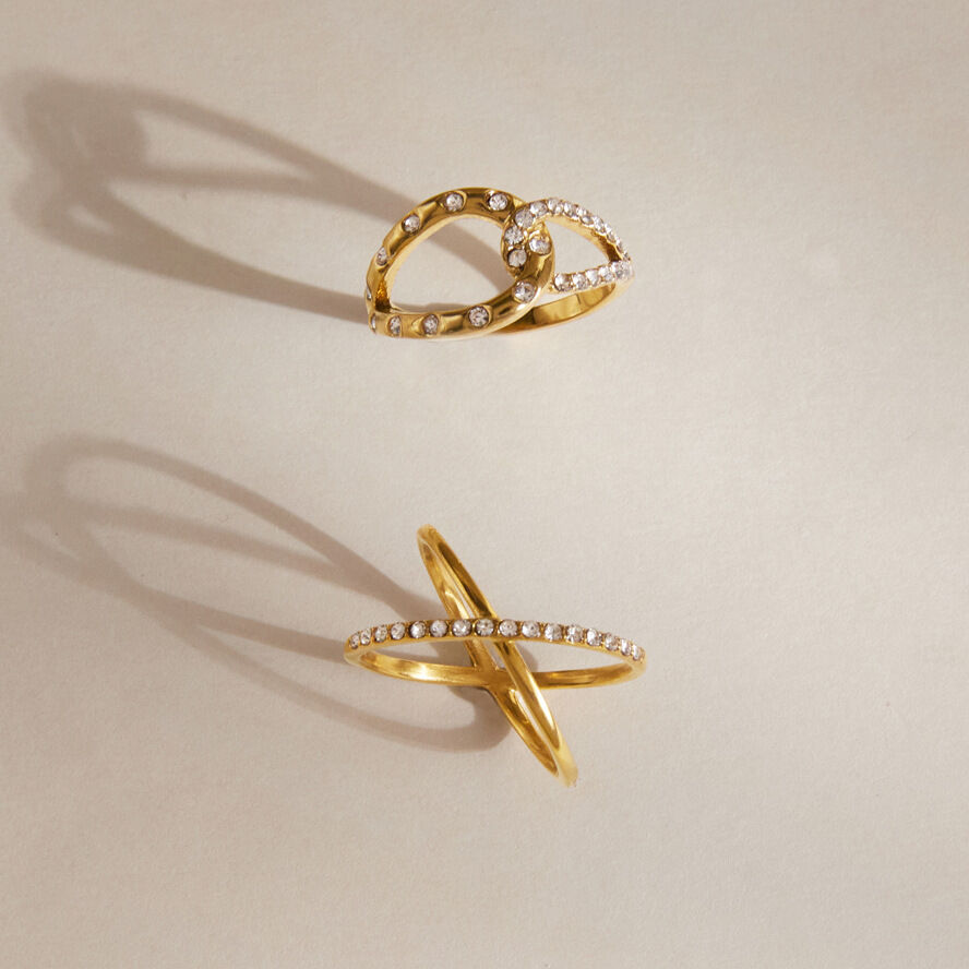 Simple Series Lines Stainless Steel Waterproof Gold Color Rhinestone Statement Rings