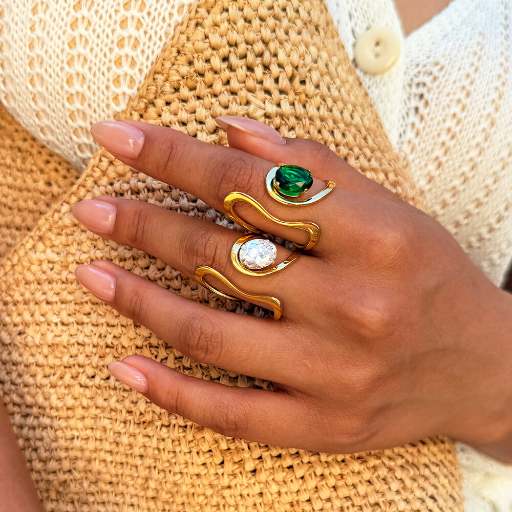 Simple Retro Daily Irregular Shape Stainless Steel Waterproof Gold Color Zircon Gemstone Ring Picture4