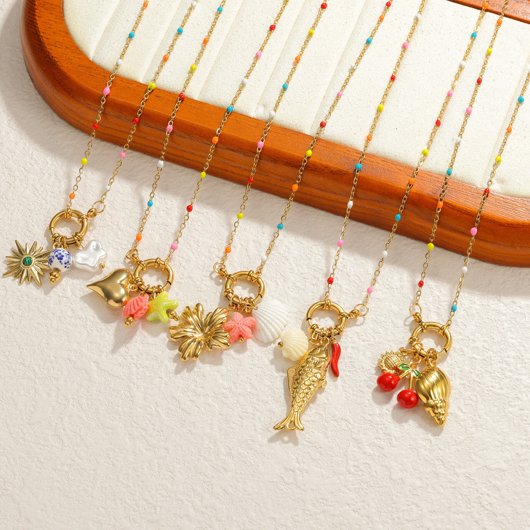 Vacation Flower Oceanic Style Fish Stainless Steel Waterproof Gold Color Women's Pendant Necklaces