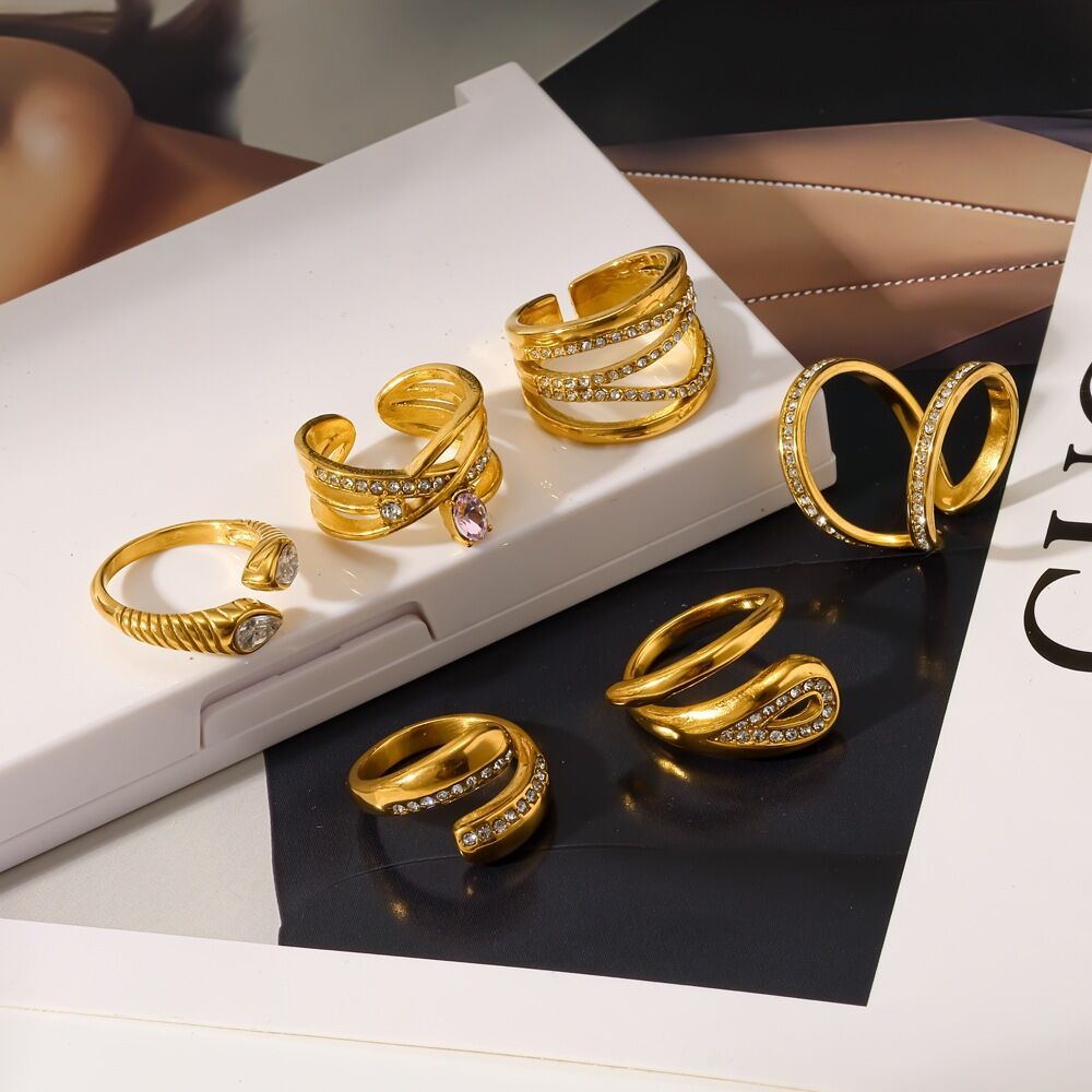 Elegant Geometric Shape Stainless Steel Waterproof Gold Color Rhinestone Gemstone Rings Picture2