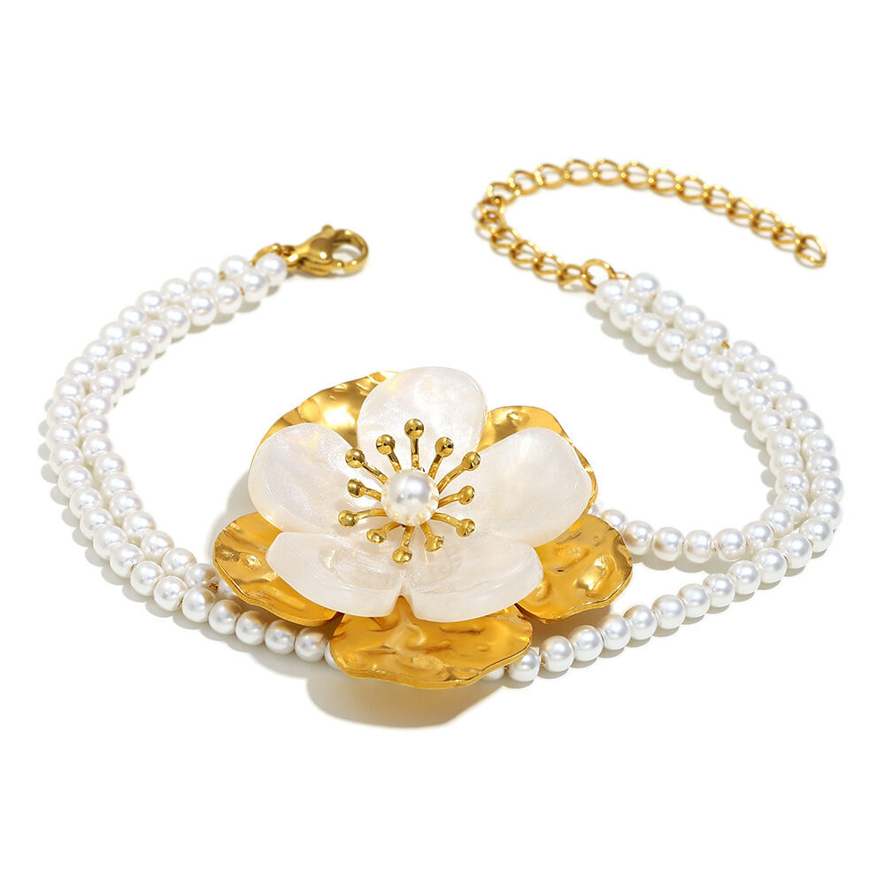 Romantic Series Sweet Flower Stainless Steel Waterproof Gold Color Artificial Pearl Women's Beaded Bracelets Picture5