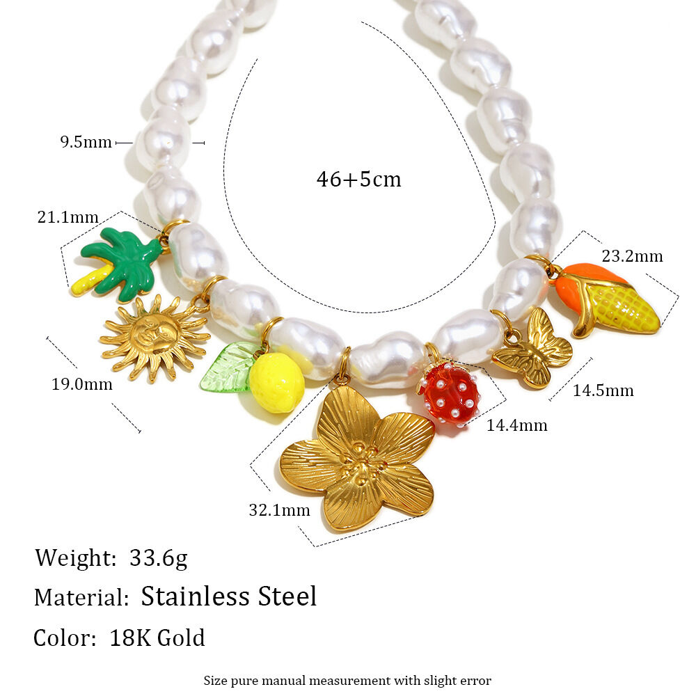 Collane da donna con perline, fiori e frutta in acciaio inossidabile, perle artificiali e decorazioni a tema vacanze. h5 