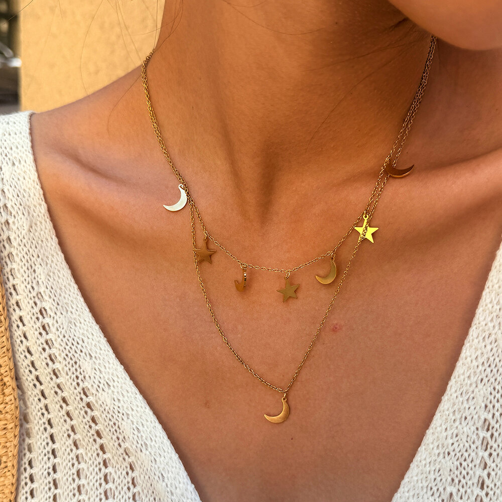 Simple Retro Daily Star Moon Stainless Steel Waterproof Gold Color Women's Pendant Necklaces Picture4