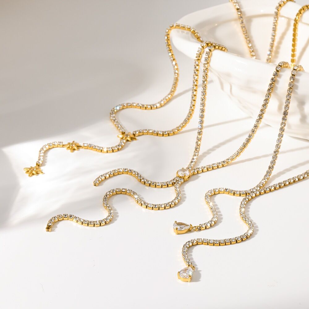 Luxurious Series Lines Shape Stainless Steel Waterproof Gold Color Rhinestone Women's Chain Necklaces h5 Picture3