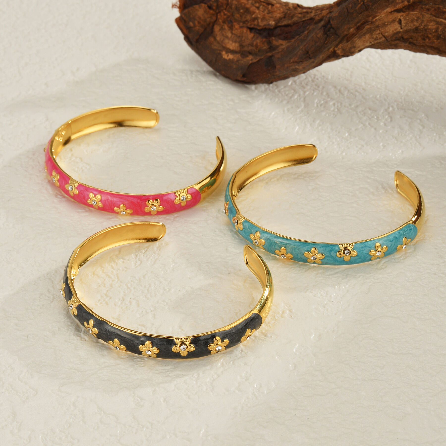 Classic Series Retro Enamel Flower Stainless Steel Waterproof Women's Cuff Bracelets 2