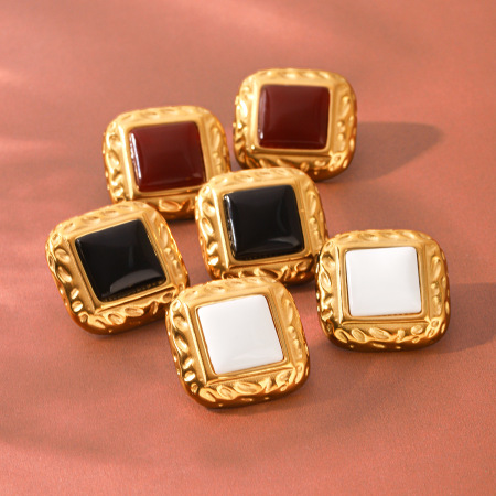 Simple Series Daily Rectangle Stainless Steel Waterproof   Gold Color  Natural Stone Women's Stud Earrings 2