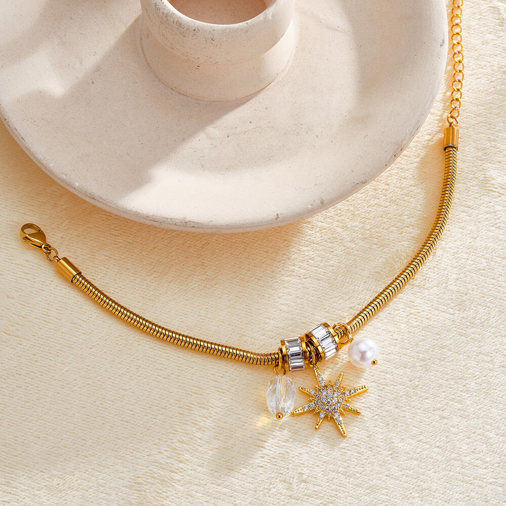 Luxe serie casual zonneketting, roestvrij staal, waterdicht, goudkleurig, damesarmbanden met bedeltjes Afbeelding4