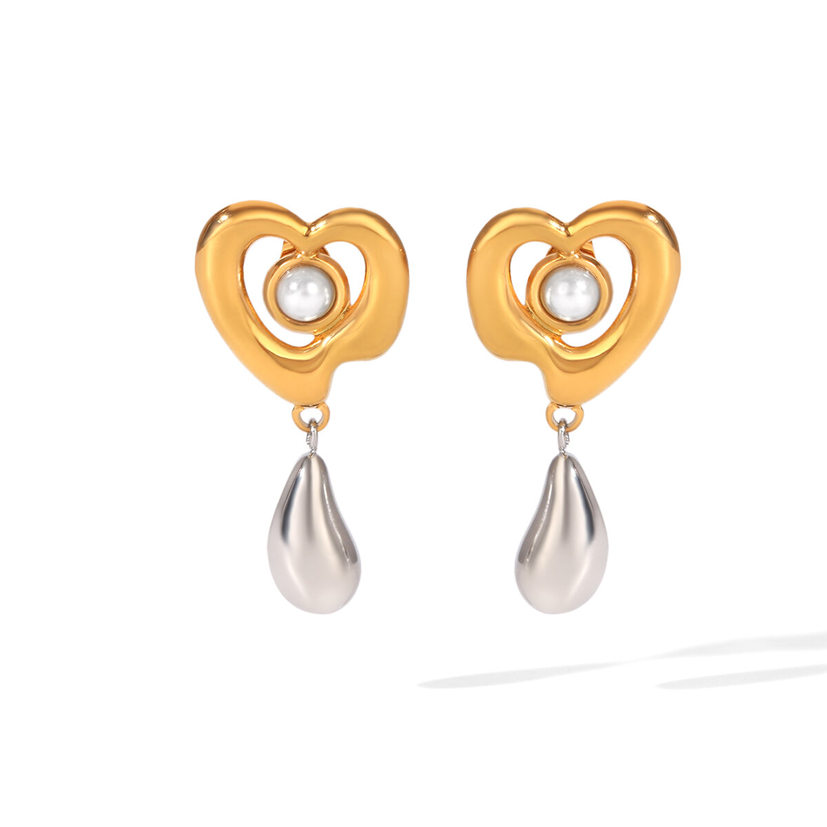 Simple Series Daily Droplet Heart Stainless Steel Waterproof   Gold Color  Pearl Women's Dangle Earrings 