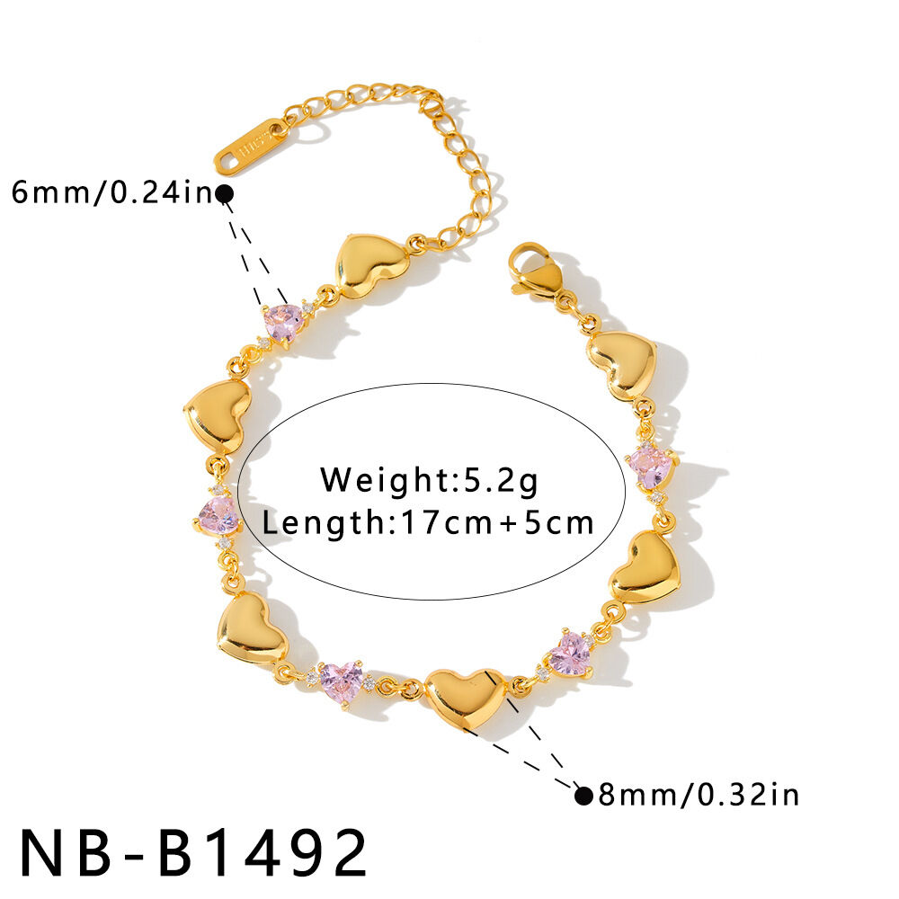 Pulseras de cadena para mujer de acero inoxidable con circonitas doradas, diseño de corazón patchwork y estilo romántico, resistentes al agua. 