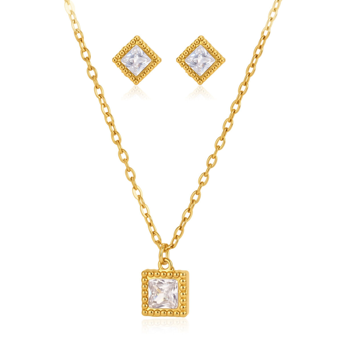 Conjunto de collares rectangulares de acero inoxidable impermeables de color dorado con circonitas para mujer. Imagen5