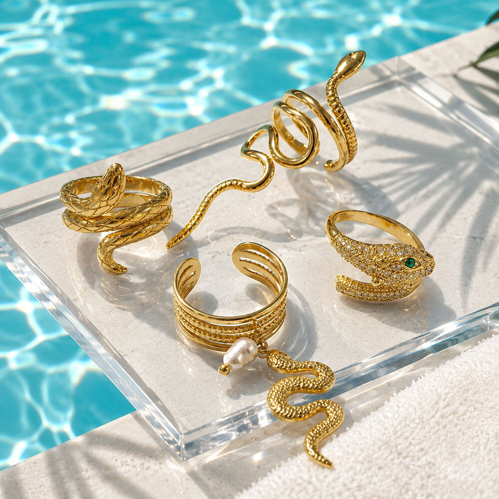 Luxe Punk Snake Serie Roestvrijstalen Waterdichte Gouden Statement Ringen h5 Afbeelding2