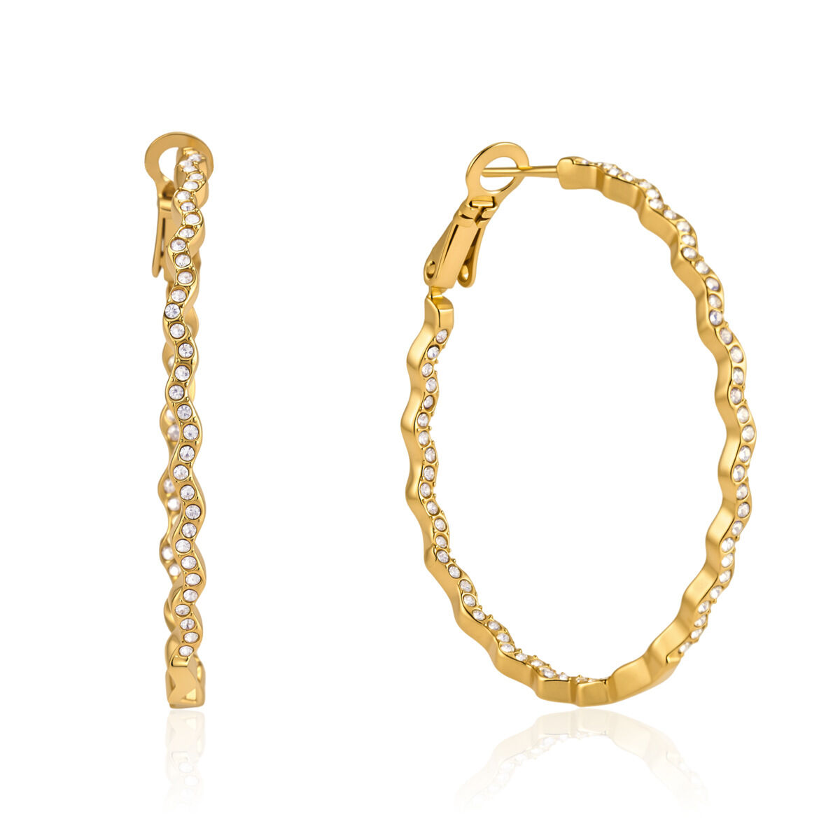 Orecchini a cerchio semplici da donna in acciaio inossidabile, impermeabili, color oro con strass. Immagine4
