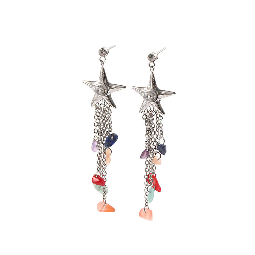 Boucles d'oreilles pendantes pour femme, collection romantique, motif étoile de mer et pompon, en acier inoxydable étanche, couleur or. Image3