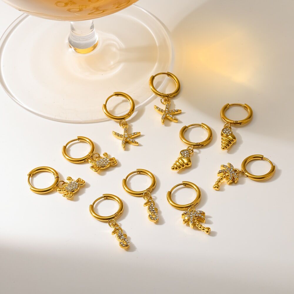 Oceanic Stainless Steel Waterproof Gold Color Rhinestone Women's Drop Earrings 2
