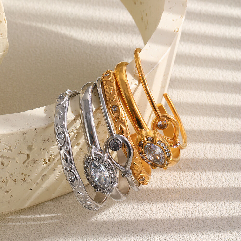 Luxurious Series Ellipse Shape Stainless Steel Waterproof Gold Color Zircon Women's Cuff Bracelets