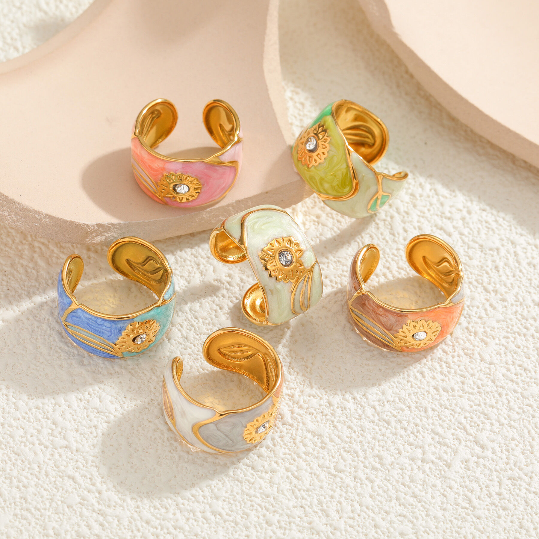 Enamel Flower Stainless Steel Waterproof Rhinestone Statement Rings
