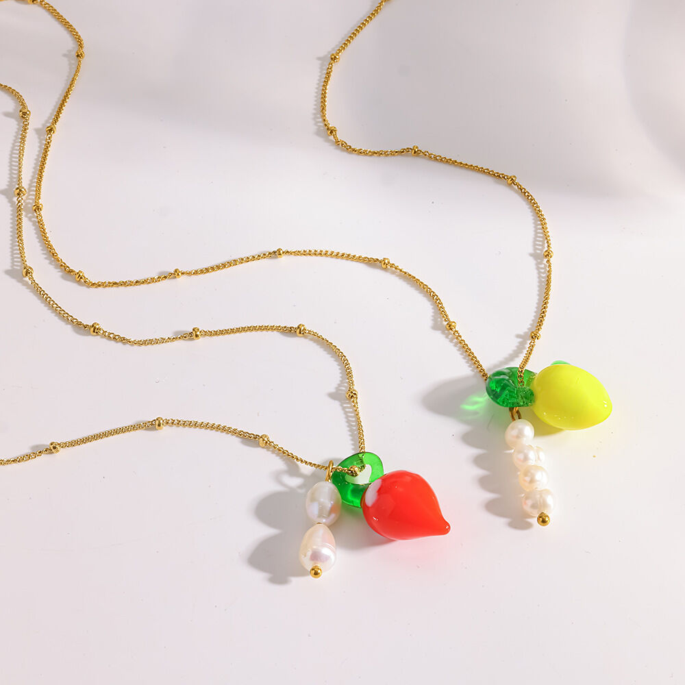 Glaze Fruit Stainless Steel Waterproof  Gold Color Pearl Women's Pendant Necklaces