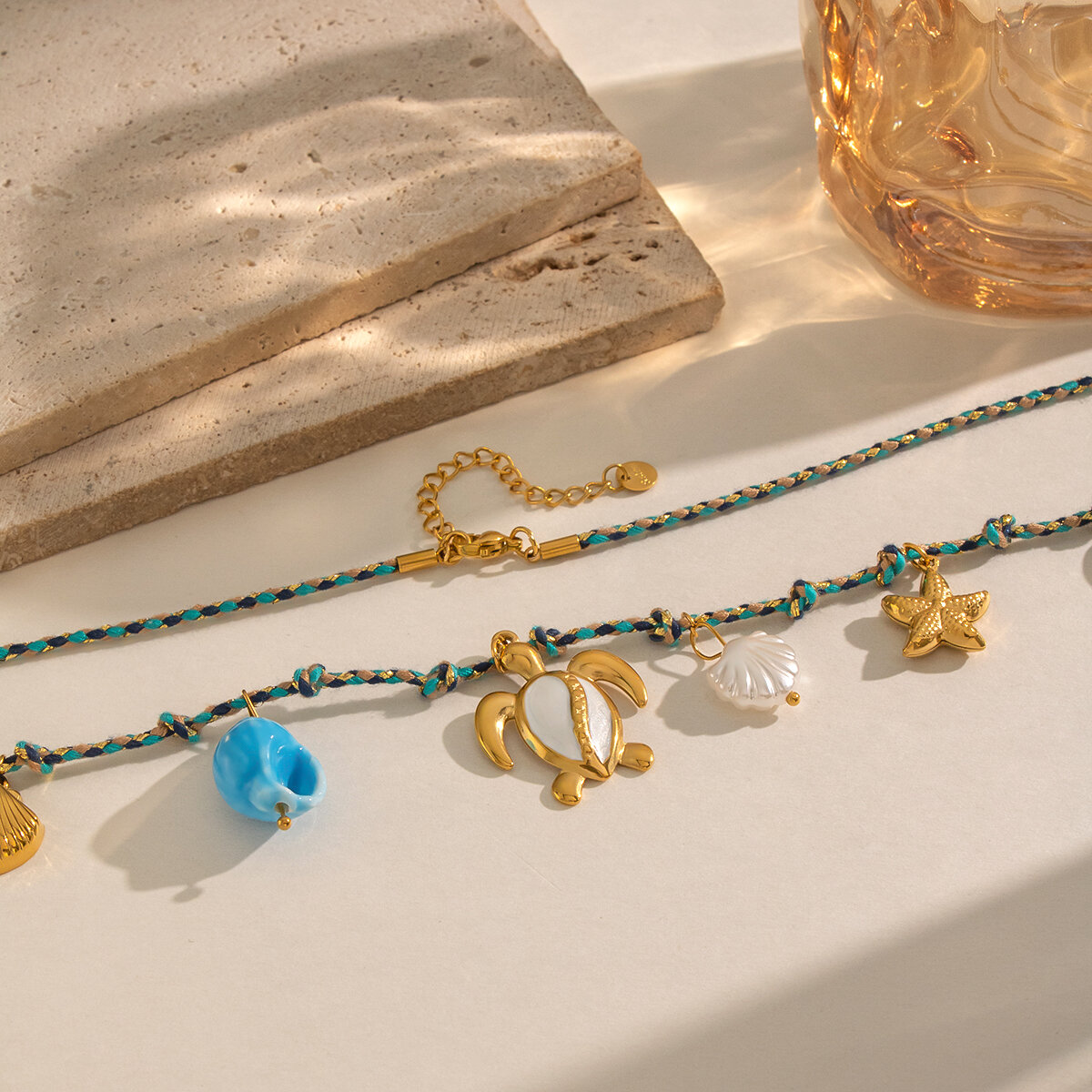 Romantische, geflochtene Damenhalskette aus Edelstahl mit ozeanischem Seesternmotiv, wasserdicht, goldfarben Bild6