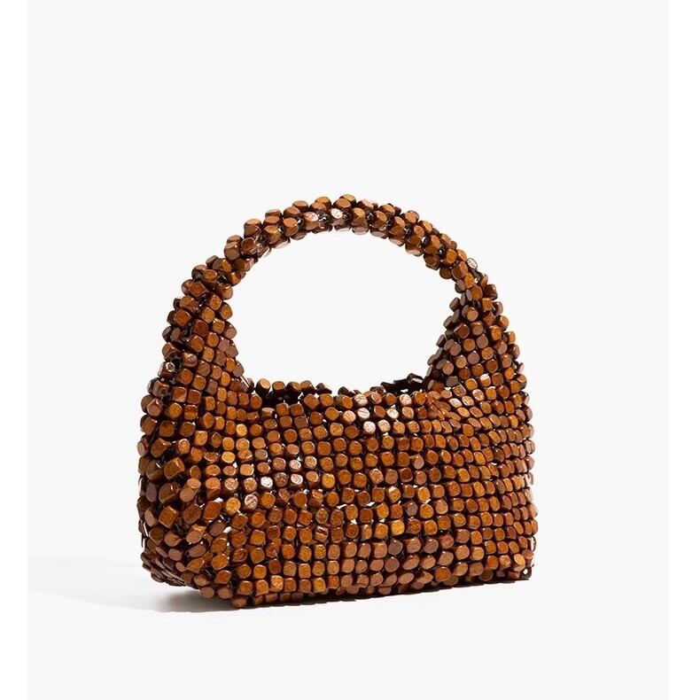 Bolso de mano para mujer de madera tejida ahuecada con cuentas de color liso estilo Old Money h5 Imagen3