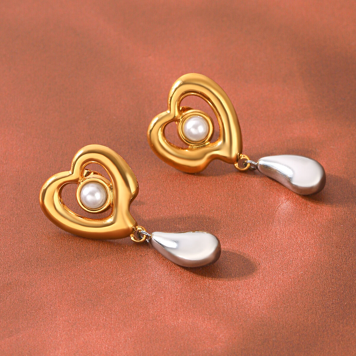 Simple Series Daily Droplet Heart Stainless Steel Waterproof   Gold Color  Pearl Women's Dangle Earrings Picture5