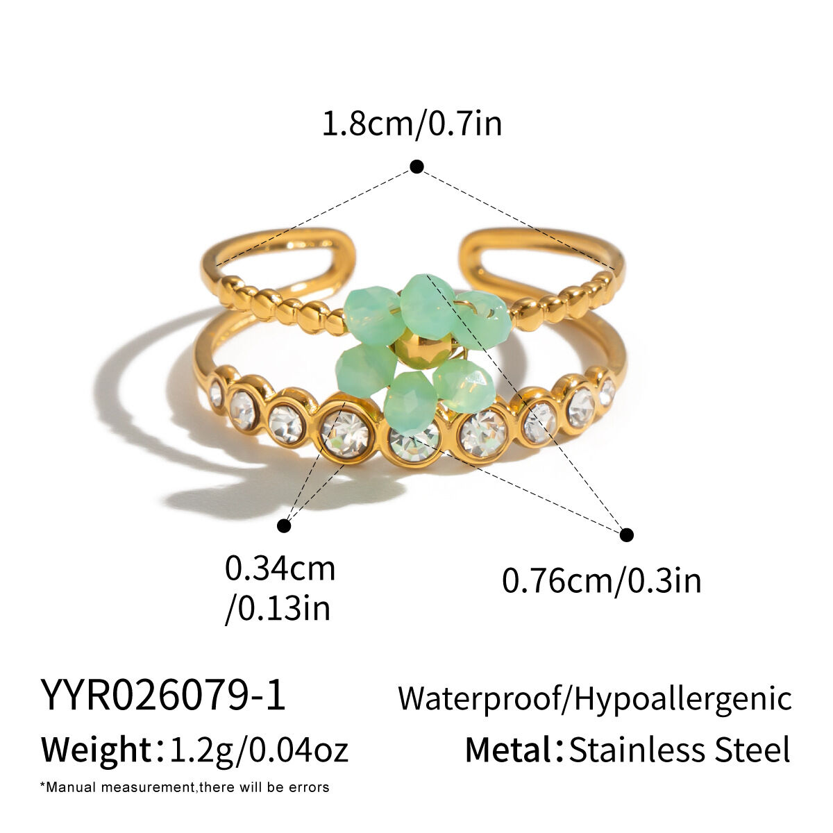 Sweet Flower Stainless Steel Waterproof Gold Color Zircon Statement Rings 