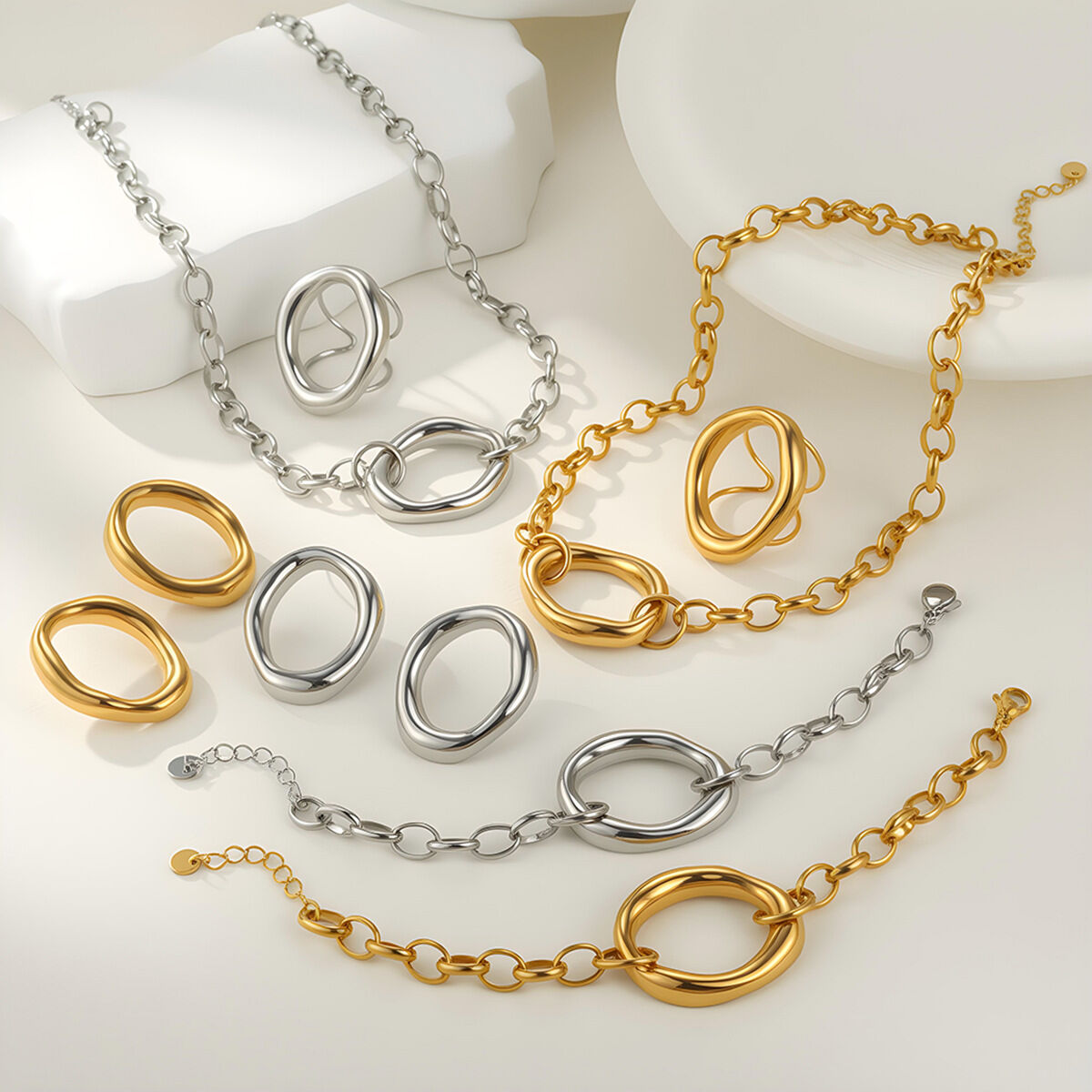 Simple  Daily Irregular Shape Patchwork Chain Stainless Steel Waterproof   Gold Color  Women's Jewelry Sets 2