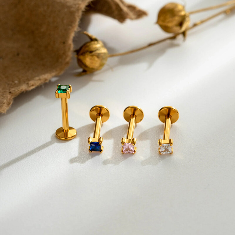 Eenvoudige serie rechthoekige oorbellen van titaniumlegering met goudkleurige zirkonia voor dames. h5 Afbeelding6