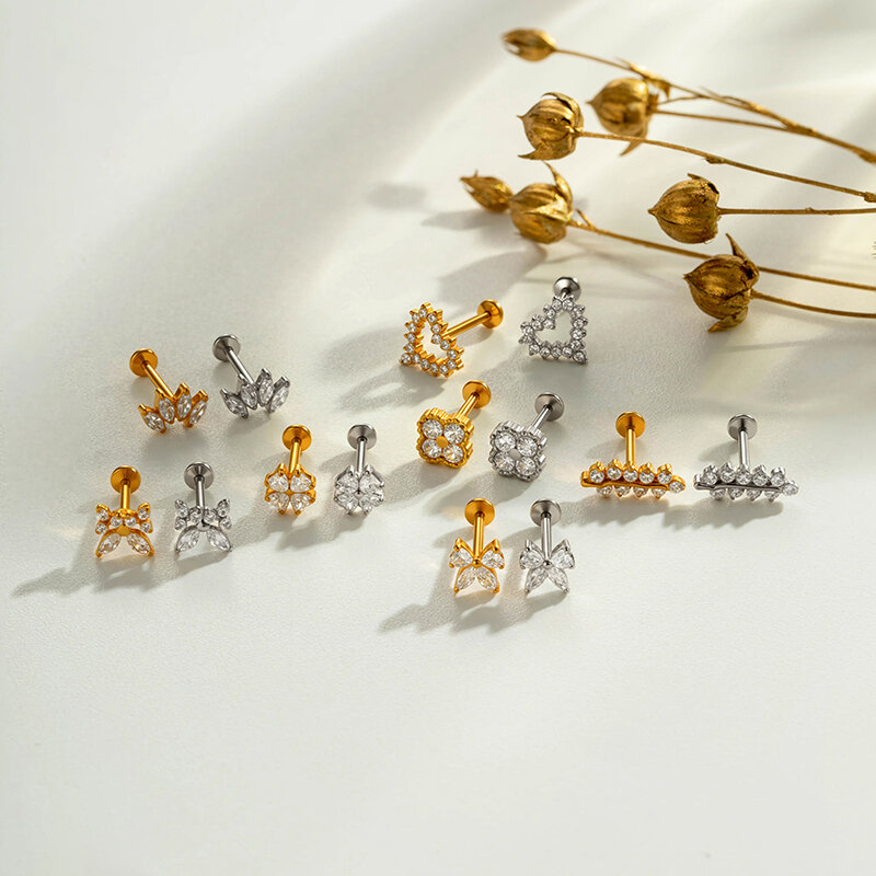 Pendientes de mujer sencillos con forma de flor, corazón, lazo, estrella, acero inoxidable, impermeables, color dorado y circonita. h5 Imagen5