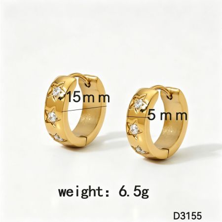 Simple Series Star Stainless Steel Waterproof Gold Color Rhinestone Women's Hoop Earrings