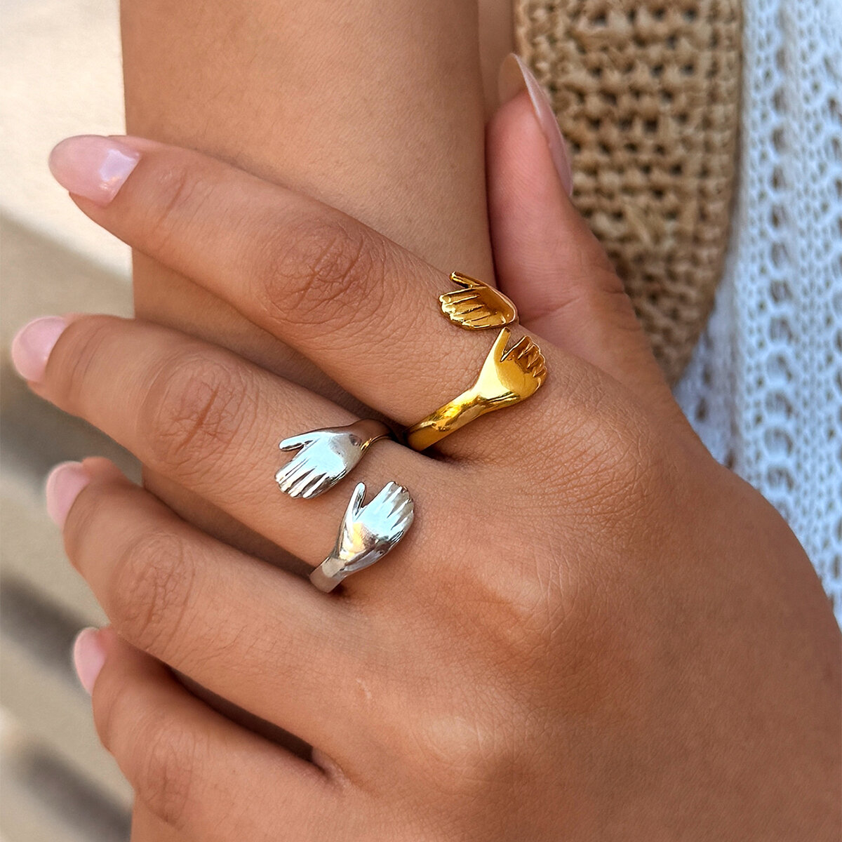 Simple Series Daily Palm Hug Stainless Steel Waterproof   Gold Color Statement Ring 2