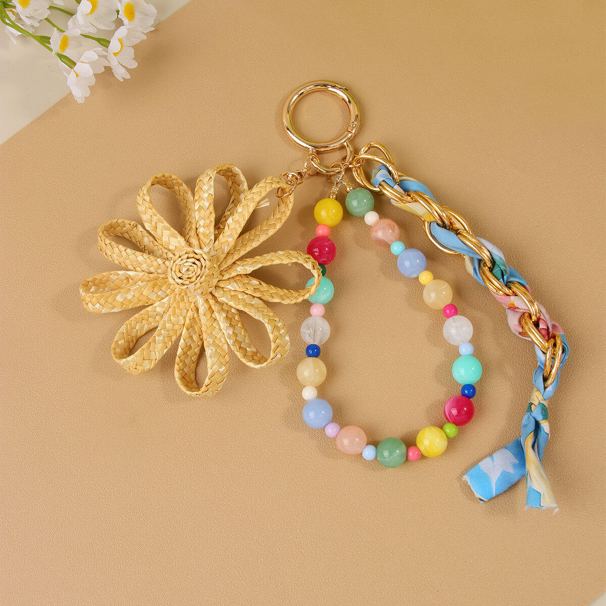 Simple Series Casual Flower Twist Beads Woven Raffia Bag Charms 2