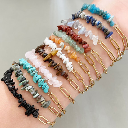 Simple Series Retro Beads Chain Stainless Steel Waterproof Gold Color Natural Stone Women's Beaded Bracelets
