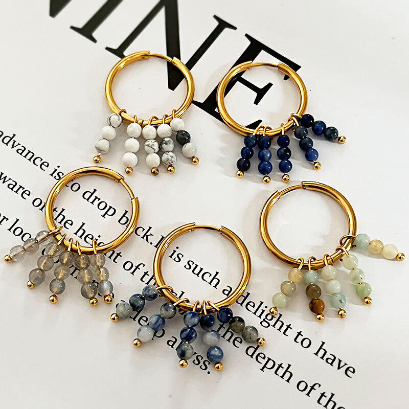 Tassel Beads Natural Stones Stainless Steel Waterproof Gold Color Women's Drop Earrings h5 Picture3