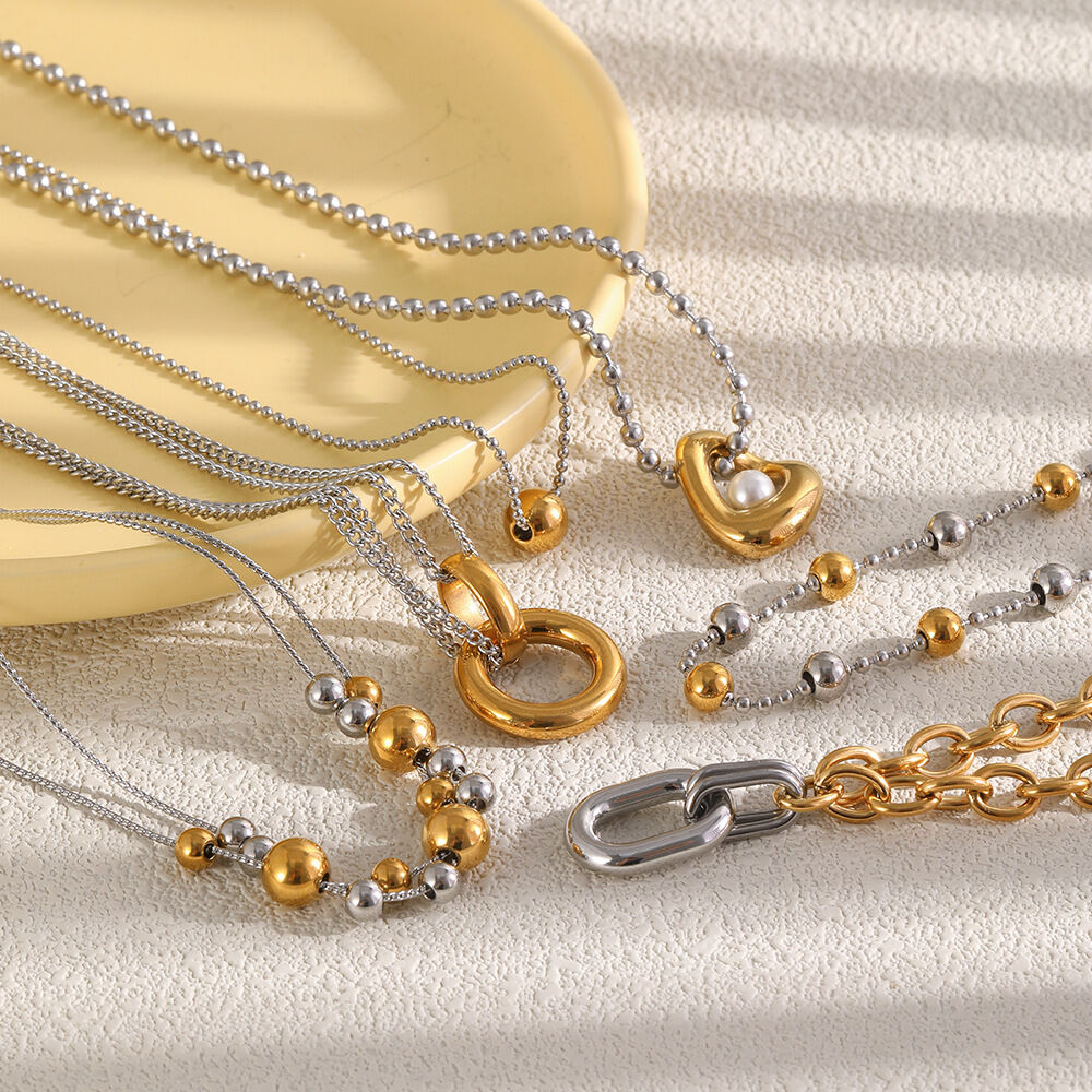 Cadena Sencilla Diy, Colores Dorado Y Plateado Combinados, Acero Inoxidable, Resistente Al Agua, Collares De Cuentas Dorados Para Mujer. h5Imagen2