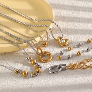 Cadena Sencilla Diy, Colores Dorado Y Plateado Combinados, Acero Inoxidable, Resistente Al Agua, Collares De Cuentas Dorados Para Mujer. h5 Imagen2