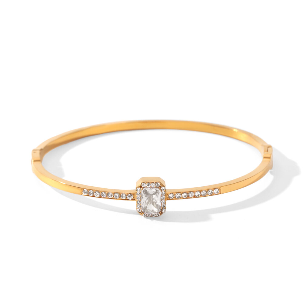 Luxury Simple Daily Rectangle Stainless Steel Waterproof Gold Color Zircon Women's Bangles