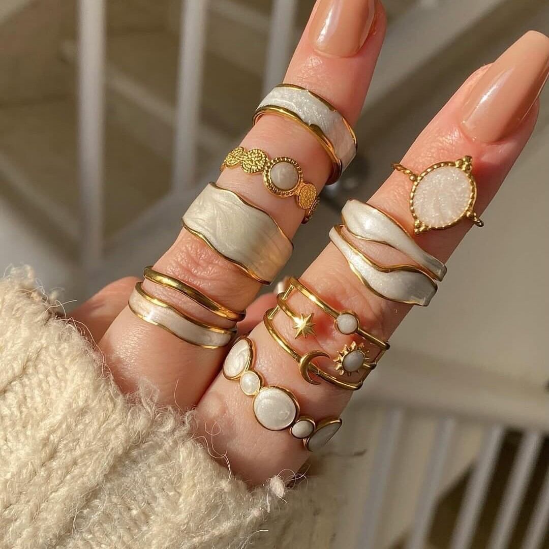 Romantic Series Simple Irregular Shape Moon Shell Stainless Steel Waterproof Gold Color Statement Rings h5 Picture2