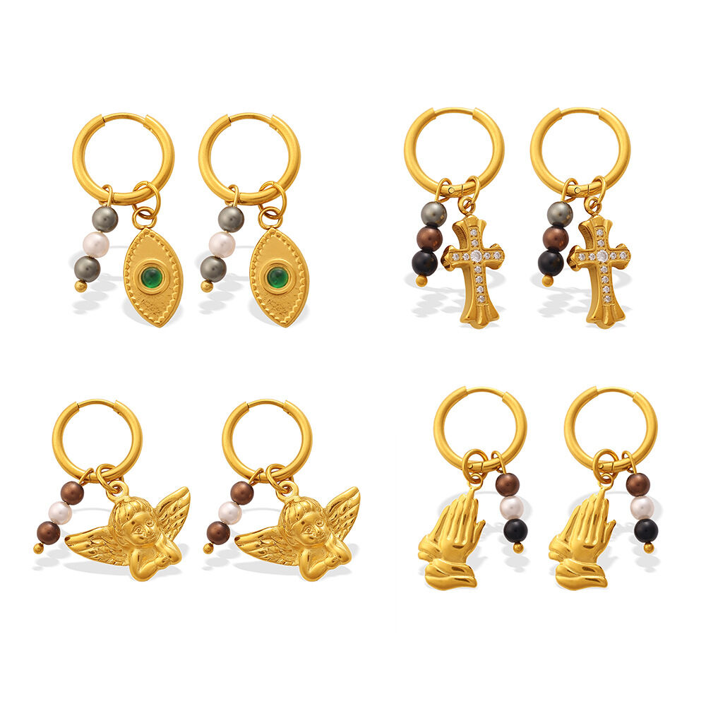 Boucles d'oreilles pendantes pour femme, style œil de diable, croix et ange, en acier inoxydable étanche avec zircon, collection Simple Series Daily h5 Image5