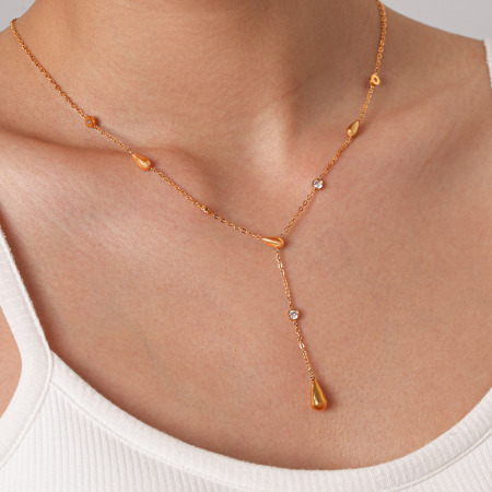Daily Droplet Stainless Steel Waterproof Gold Color Zircon Women's Pendant Necklaces 2