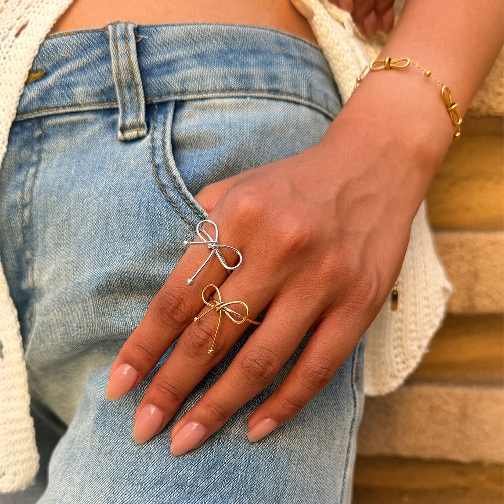 Bague Simple Series Daily Bow Knot en acier inoxydable étanche couleur or h5Image5