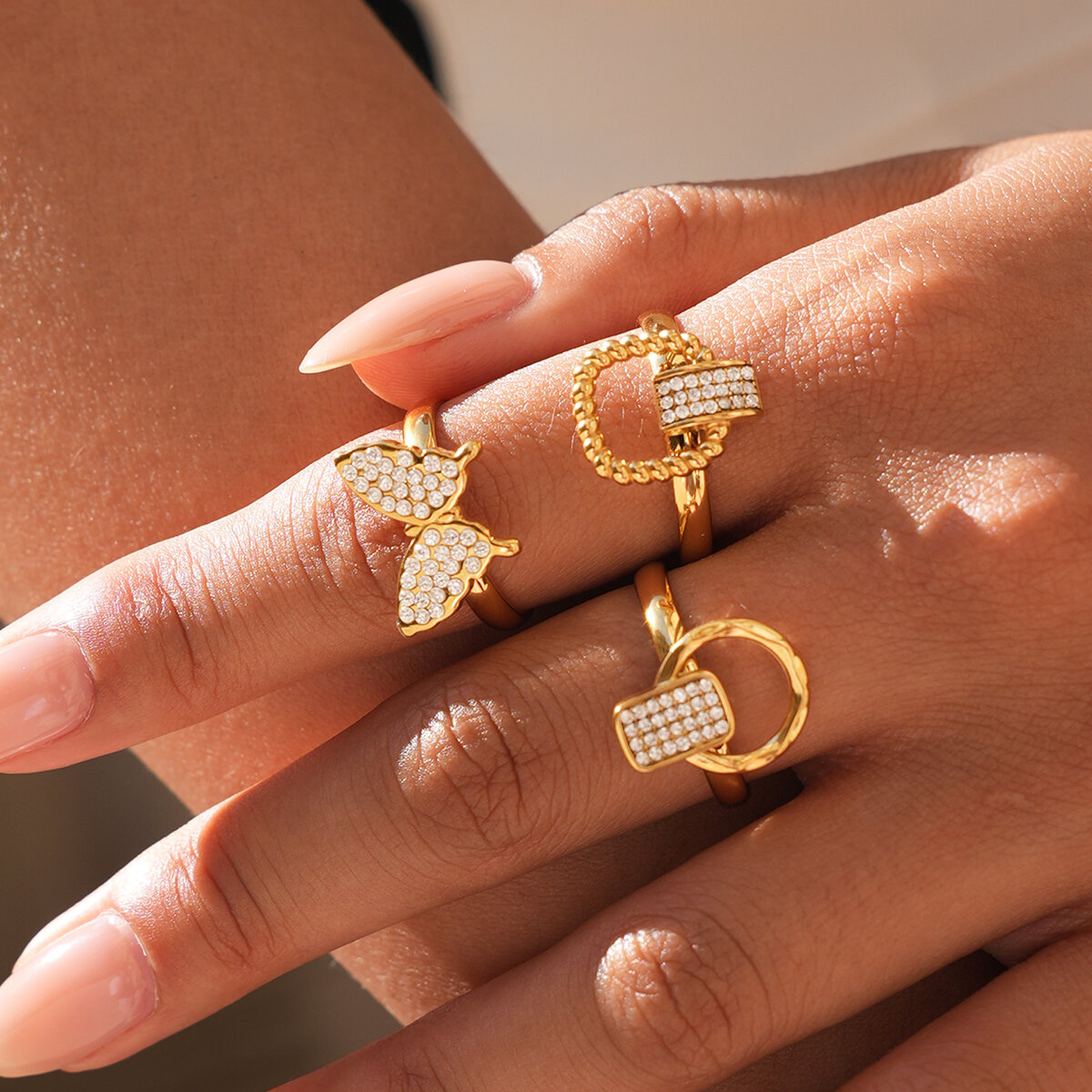 Simple Series Daily Butterfly Lock Stainless Steel Waterproof   Gold Color Women's Statement Rings h5 Picture3