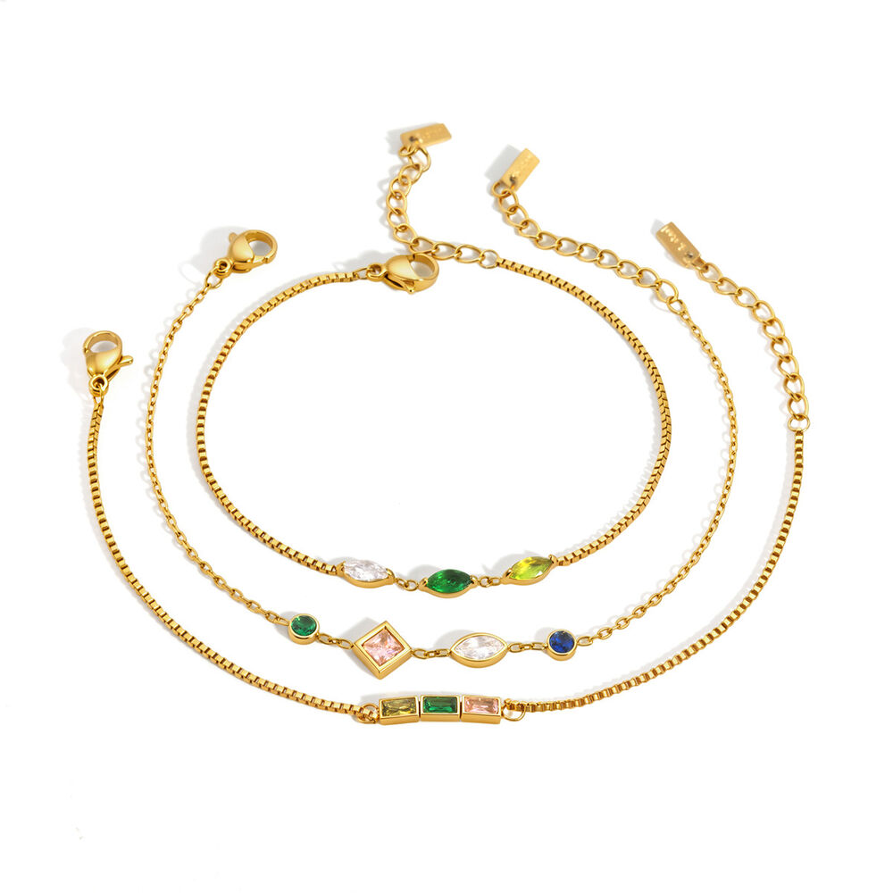 Bracciale da donna a catena in acciaio inossidabile color oro, impermeabile, con zirconi e forma geometrica semplice. Immagine5