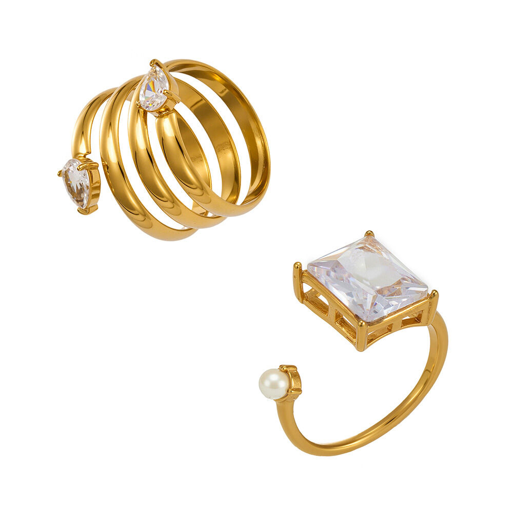 Luxuriöse Serie: Schlichter, tropfenförmiger, rechteckiger Edelstahlring für Damen, wasserdicht, goldfarben, mit Zirkonia h5Bild5