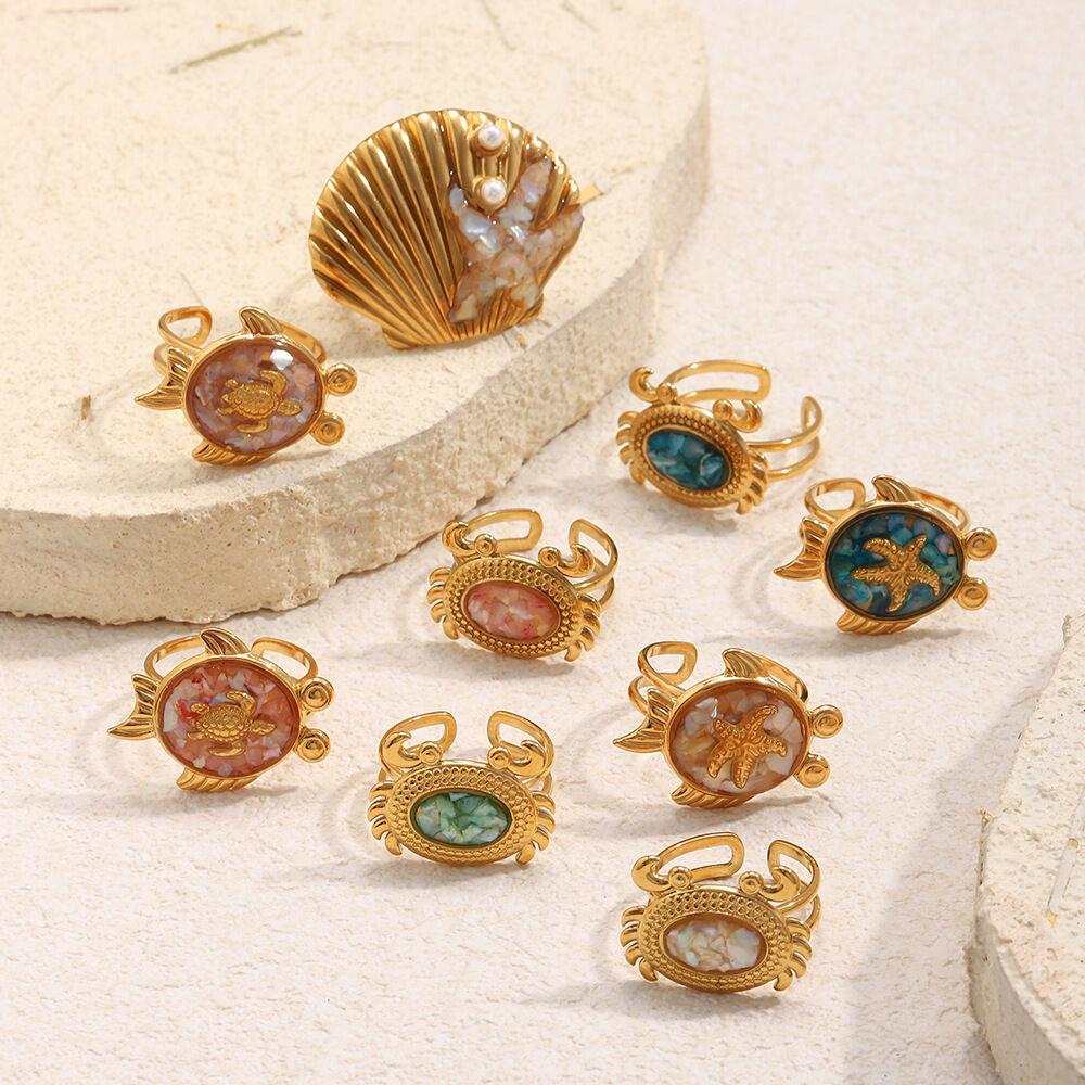 Anelli di tendenza della serie Romantic Vacation Oceanic Style in acciaio inossidabile impermeabile color oro.