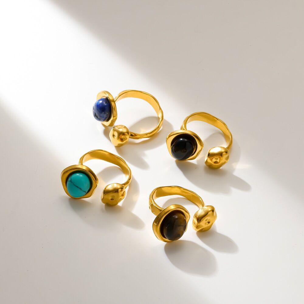 Classic Series Stainless Steel Waterproof Gold Color Natural Stone Gemstone Rings Picture2