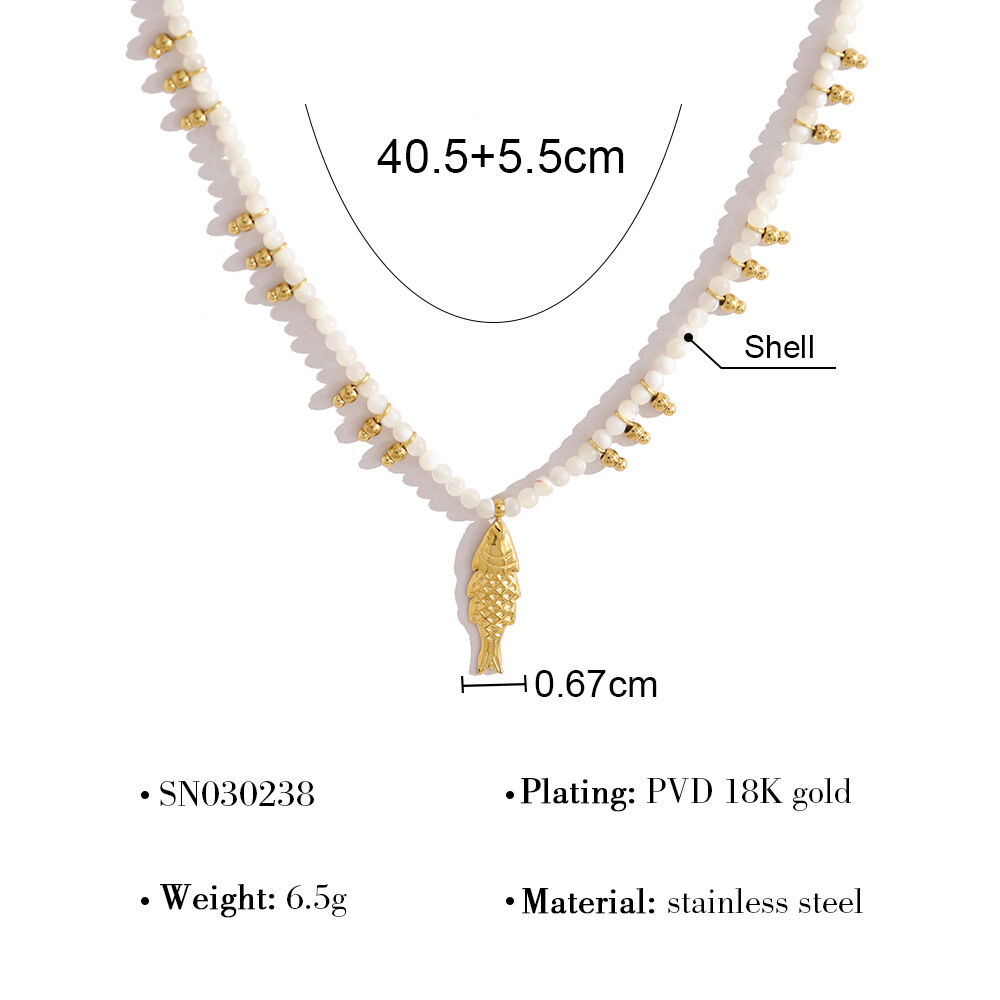 Collana da donna con perline in stile oceanico, pietre naturali e pesci color oro, ideale per le vacanze. h5 